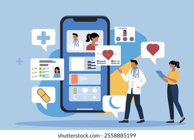 Modern healthcare apps with doctors, medical icons, Telemedicine, healthcare, and Medical technology. Concept for Telehealth, health tech ads, digital health blogs, and medical presentations.