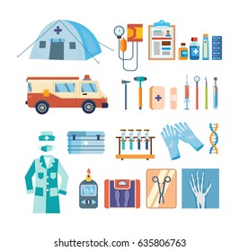 Modern healthcare concept. A set of tools for medical research, treatment, work in an institution. Vector illustration isolated on white background.