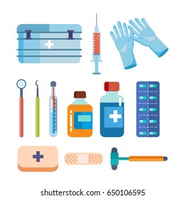 Modern healthcare concept. A set of tools for medical research, treatment, work in an institution. Vector illustration isolated on white background.