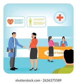 A modern healthcare facility reception area featuring a doctor conversing with a patient, and staff assisting visitors at the desk. Hospital medical staff concept.