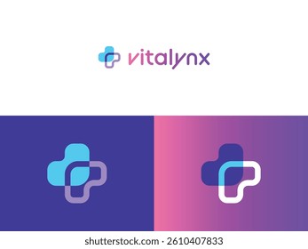 Modern healthcare logo featuring a cross symbol with soft curves in gradient tones of blue and purple. Ideal for medical, wellness, or tech-health startups.