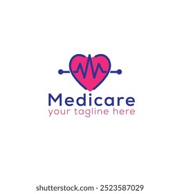 Un moderno logotipo sanitario con un corazón y una línea de ECG, con vibrantes colores rosa y azul. Incluye texto personalizable, ideal para marca médica, médico, atención médica. Editable, formato de Vector