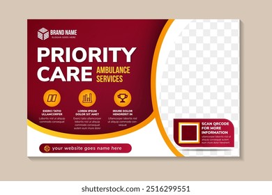 Modern healthcare and medical banner design, horizontal poster template decoration for exhibition, printing, presentation, elegant layout for hospital doctor clinic. space for photo and infographic