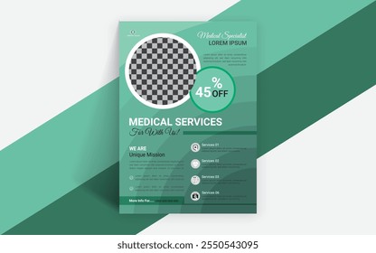 Sistema de saúde moderno e folheto médico ou cartaz design layout, folheto para modelo de apresentação