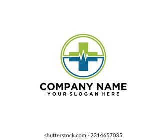 Modern Healthcare Medical Logo. Blue and Green Geometric Linear Rounded Cross Sign Health Icon Infinity Style isolated on Dark Background. Flat Vector Logo Design Template Element.