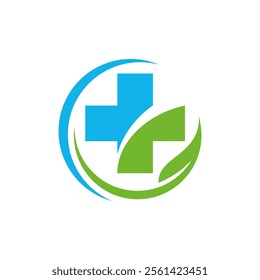 Modern Healthcare Medical Logo. Blue and Green Geometric Cross Sign Health Icon. Flat Vector Logo Design Template Element.