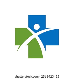 Modern Healthcare Medical Logo. Blue and Green Geometric Cross Sign Health Icon. Flat Vector Logo Design Template Element.