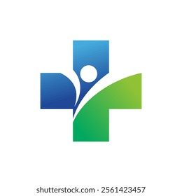 Modern Healthcare Medical Logo. Blue and Green Geometric Cross Sign Health Icon. Flat Vector Logo Design Template Element.