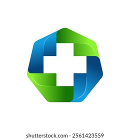 Modern Healthcare Medical Logo. Blue and Green Geometric Cross Sign Health Icon. Flat Vector Logo Design Template Element.