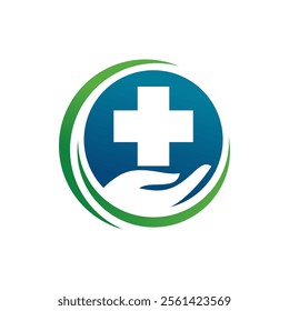 Modern Healthcare Medical Logo. Blue and Green Geometric Cross Sign Health Icon. Flat Vector Logo Design Template Element.