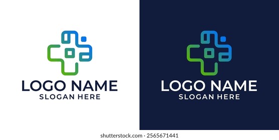 Modern Healthcare Medical Logo. Blue and Green Geometric Round Cross Sign Health Icons Stripe Style. Flat vector logo design template elements.