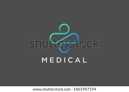 Modern Healthcare Medical Logo. Blue and Green Geometric Linear Rounded Cross Sign Health Icon Infinity Style isolated on Dark Background. Flat Vector Logo Design Template Element.