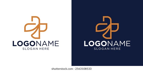 Modern Healthcare Medical Logo. Orange Geometric Round Cross Sign Stylish Health Icons Isolated on Black and White Background. Flat vector logo design template elements.