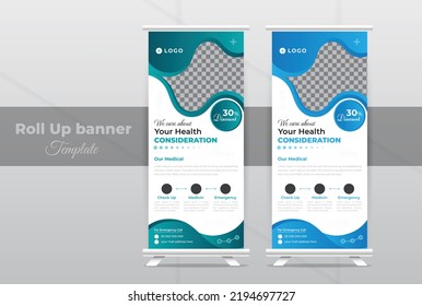 Modern Healthcare and medical roll up banner design, or decoration for exhibition, printing, presentation and concept illustration x standee banner template hospital doctor clinic dental