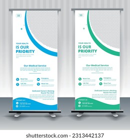 Modern healthcare and medical roll up design for hospital doctor clinic dental. standing banner template decoration for exhibition, printing, presentation, elegant layout.