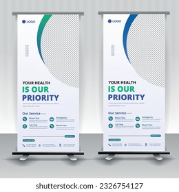 Modern healthcare and medical roll up design for hospital doctor clinic dental. standing banner template decoration for exhibition, printing, presentation, elegant layout.