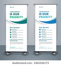 Modern healthcare and medical roll up design for hospital doctor clinic dental. standing banner template decoration for exhibition, printing, presentation, elegant layout.