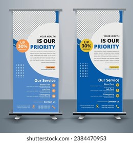 Modern healthcare and medical roll up design for hospital doctor clinic dental. standing banner template decoration for exhibition, printing, presentation, elegant layout.