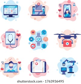 Modern Healthcare Technologies Set, Online Medical Consultation, Telemedicine Service, Drone Pharmacy Delivery Flat Style Vector Illustration