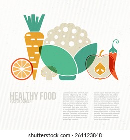 Modern healthy food concept with flat illustrations of vegetables and fruits and place for your text. Vector diet or organic farm template. 