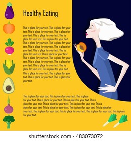 Modern healthy food concept with flat illustrations of vegetables and fruits and girl and place for your text. 