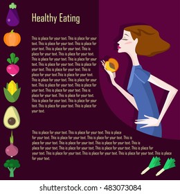 Modern healthy food concept with flat illustrations of vegetables and fruits and girl and place for your text. 