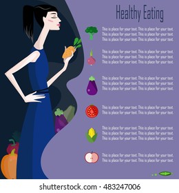 Modern healthy food concept with flat illustrations of vegetables and fruits and girl and place for your text.