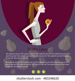 Modern healthy food concept with flat illustrations of vegetables and fruits and girl and place for your text. 