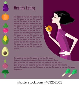 Modern healthy food concept with flat illustrations of vegetables and fruits and girl and place for your text. 