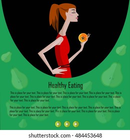Modern healthy food concept with flat illustrations of vegetables and fruits and girl and place for your text.