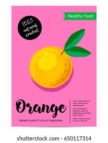 Modern healthy food poster with orange. Hand-drawn food banners for menus, farmers' markets. Vector illustration.