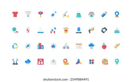 Modern healthy lifestyle, daily life in big city color icon set. Food diet and active sport, sleep and rest meditation, apps for weight control and health care flat elements vector illustration