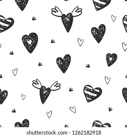 Modern heart cartoon seamless pattern. Cute Romantic dark icons. Doodle sketch background. Hand drawn icon.Vector set.
