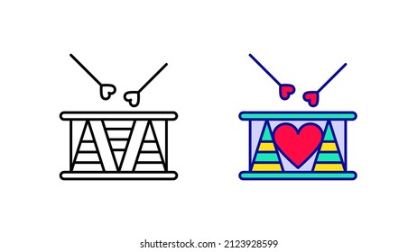 Modern heart drum icon set. Drum from modern wedding icons. Linear and colored icon ready template. Download the simple linear wedding drum vector. white background.