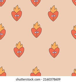 Modern heart with fire seamless pattern. Magical seeing heart with third eye. Occult esoteric mystic symbol. Alchemy vector illustration. Design for spiritual print, fabric, textile