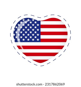 Modern heart logo with American flag. Welcome to USA idea. Happy Independence Day apparel graphic. T-shirt design. Concept for Labor, Memorial or Presidents Day. Isolated shape.