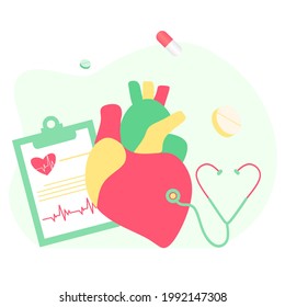 Modern heart medication, heart disease research concept. Cardiologist studying big heart model, drugs and heartbeat diagram. Vector illustration cardiovascular system, cardiology, medical examination.