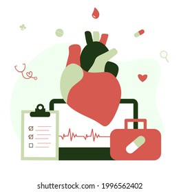 Modern Heart Medication, Heart Disease Research Concept. Cardiologist Studying Big Heart Model, Drugs And Heartbeat Diagram. Vector Illustration Cardiovascular System, Cholesterol, Medical Examination