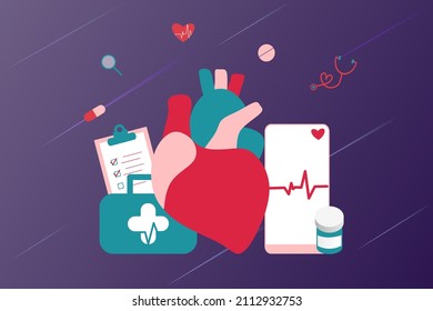 Modern heart medication, heart disease research concept. Cardiologist studying big heart model, drugs and heartbeat diagram. Vector illustration cardiovascular system, cholesterol, medical examination