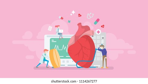Modern Heart Medication Solution Tiny People Character Concept Vector Illustration, Suitable For Wallpaper, Banner, Background, Card, Book Illustration, And Web Landing Page Concept