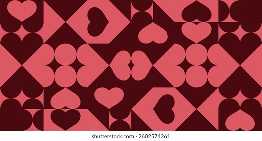 Modern Heart Mosaic - Valentine's Geometric Background in Burgundy and Coral