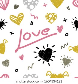 modern heart seamless pattern. Hand drawn illustration vector. Hand drawn doodle seamless pattern with hearts. Design elements for Valentine's day.