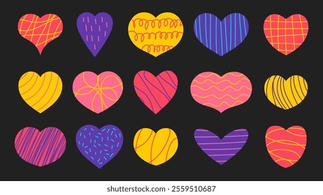 Modern Heart Shape Set with hand drawn texture. Various love symbols. Trendy Valentine's day decorative elements with vibrant colors and doodle ornament. Vector illustration