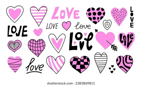Modern hearts doodle set. Trendy romantic collection with textured elements and lettering for Valentine's day. Y2k emo style. Vector illustration.