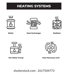 Modern heating system icons for technical diagrams, energy efficiency, HVAC layouts, and smart home solutions. Ideal for engineers, planners, and infographics.
