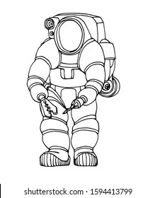 modern heavy deep water diver suit with spotlight, manipulator and jetpack, vector illustration with black contour lines isolated on white background in hand drawn and Doodle style