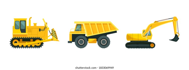 Modern heavy mining equipment - excavator, tractor, dump truck. Industrial vehicles, machines, coal mining and professional earthworks. Mining technics and transportation vehicles vector illustration.