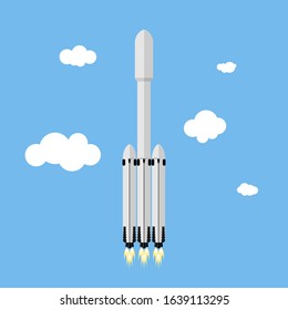 Modern heavy rocket with two stages on a background of sky and clouds. Vector illustration in flat style.