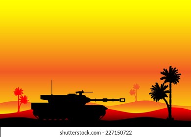 Modern heavy tank in desert at sunset. Vector illustration.
