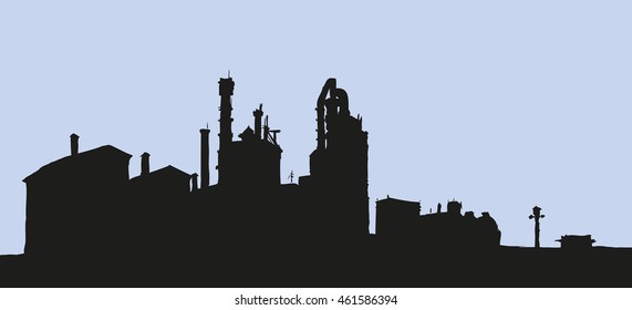 Modern heavy technical catalyst powerhouse rig mainstay building. Environment pollute, ecology concept symbol. Dark ink drawn background sketch in retro engraving style with space for text on sky